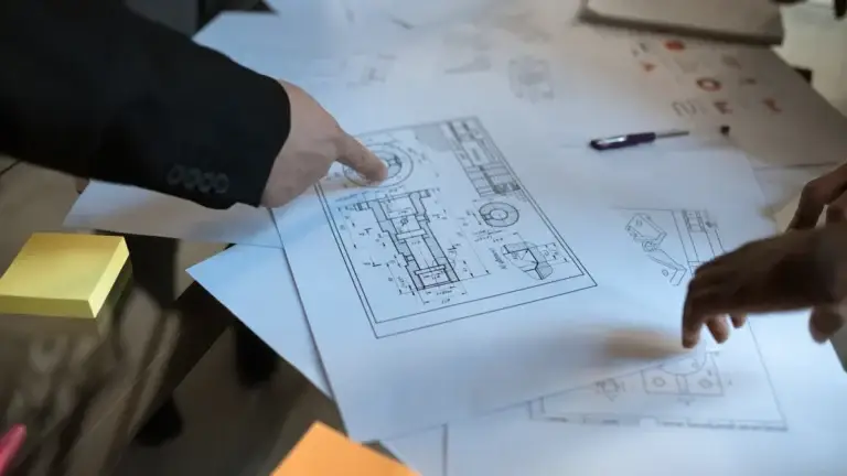 Two people pointing at printed engineering and technical drawings spread across a table in a design practice