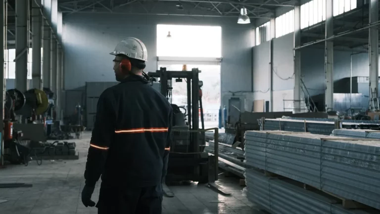 Factory worker in a hard hat and ear defenders looking across a production unit with a forklift and stacked metal stock