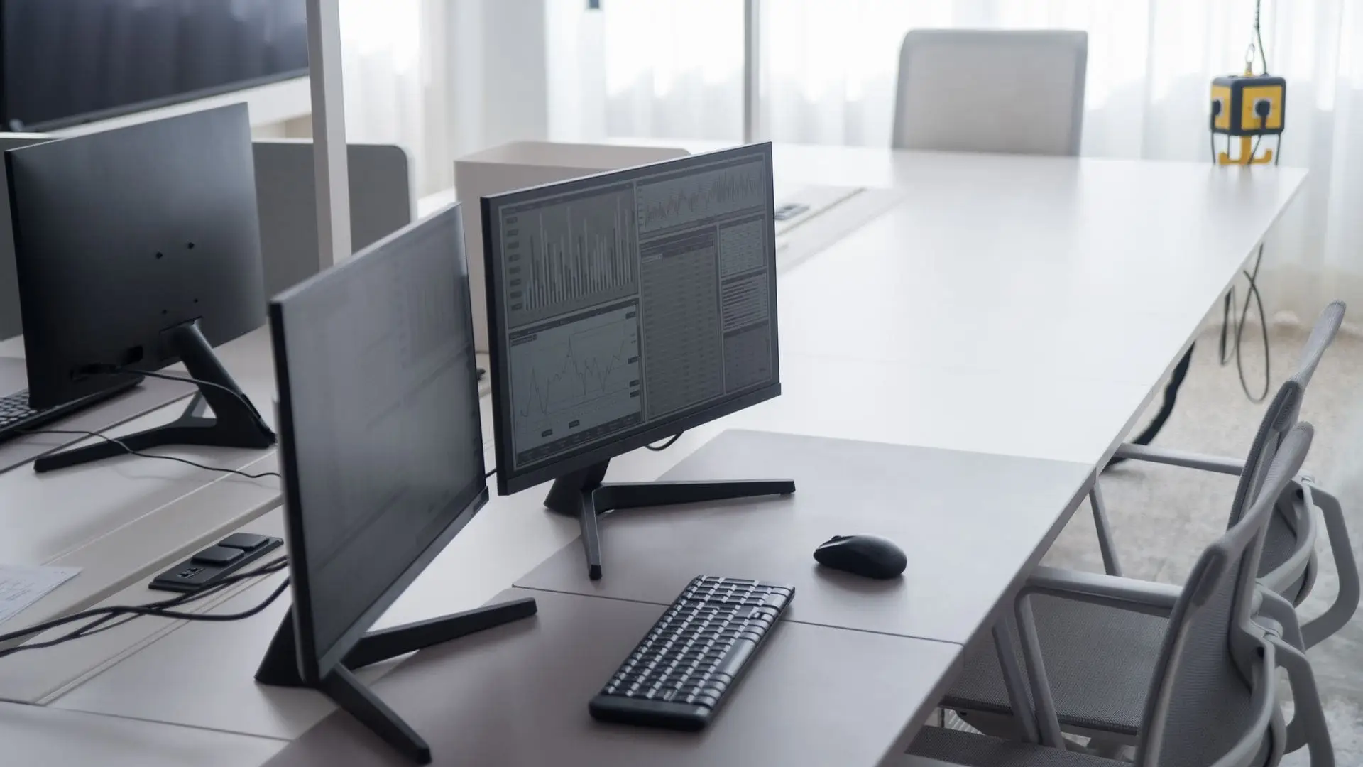 Office desks set up with monitors, keyboards and mice in a bright, modern workspace