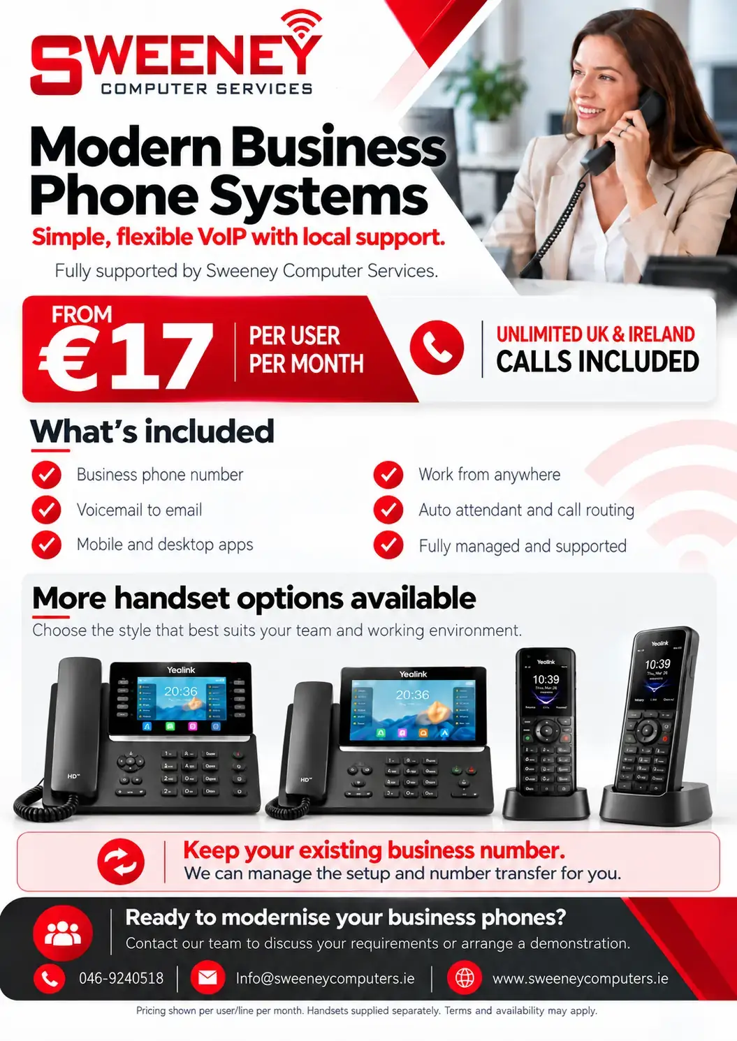 Sweeney Computer Services business VoIP flyer: modern business phone systems from €17 per user per month with unlimited UK and Ireland calls, business number, voicemail to email, mobile and desktop apps, auto attendant and call routing, Yealink desk and cordless handsets, and keep your existing business number.