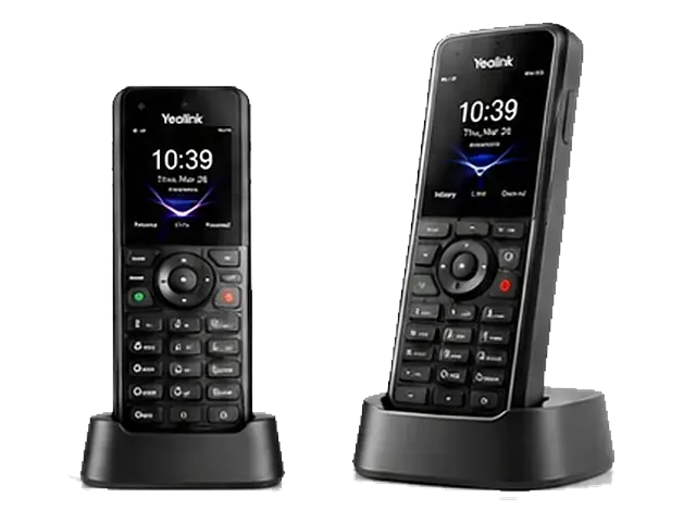 Two Yealink cordless VoIP handsets standing in their charging bases